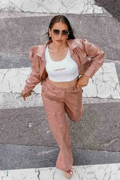 Pantalon Simili Cuir Fentes Rose