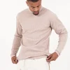 Pull Maille Cotele Col Beige Fonce