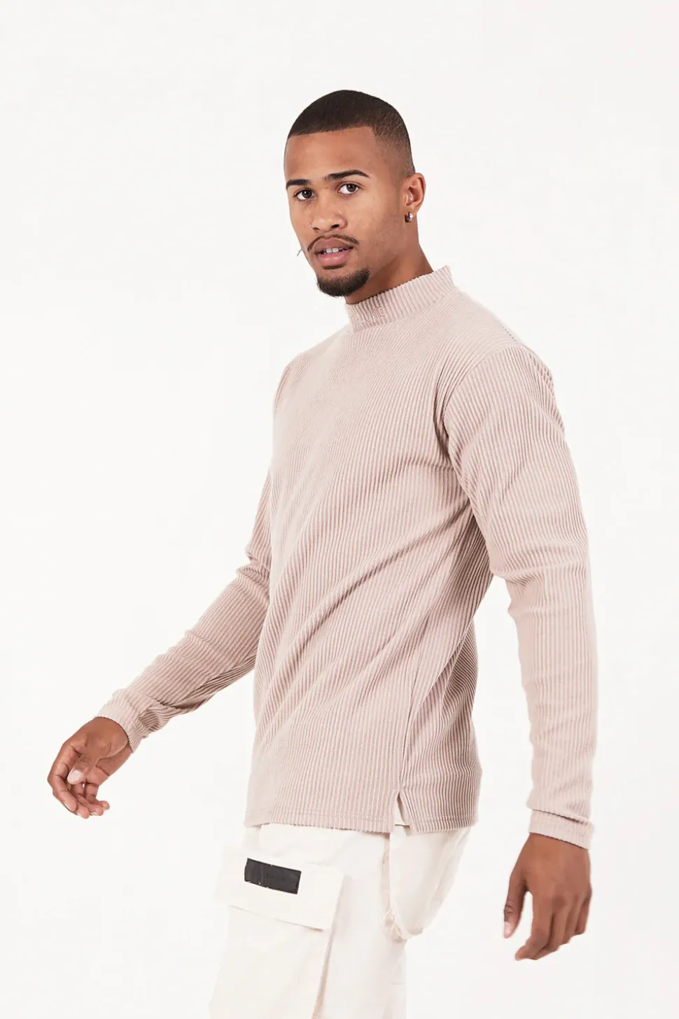 Pull Maille Cotele Col Beige Fonce