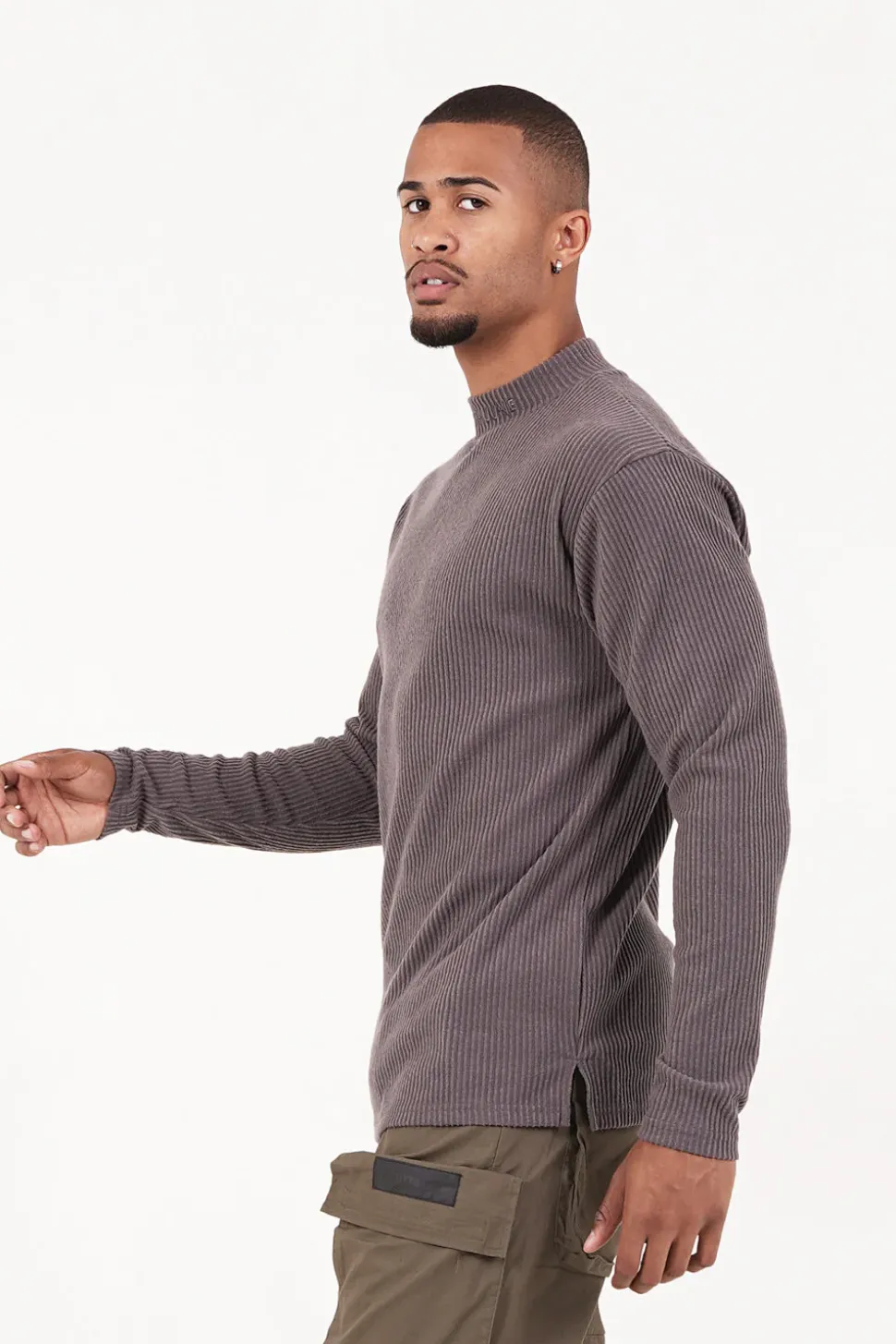 Pull Maille Cotele Col Gris Taupe
