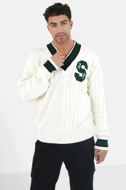 Pull Maille Cotele Col V Blanc Casse