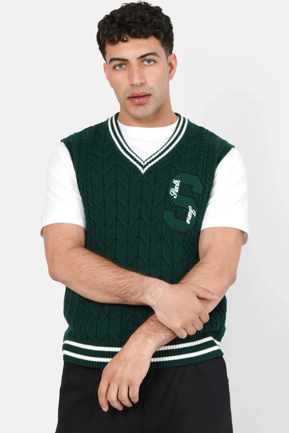 Pull Sans Manches Maille Broderie Vert Fonce