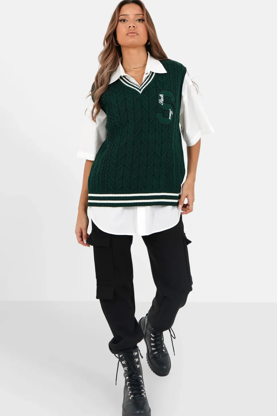 Pull Sans Manches Maille Broderie Vert Fonce