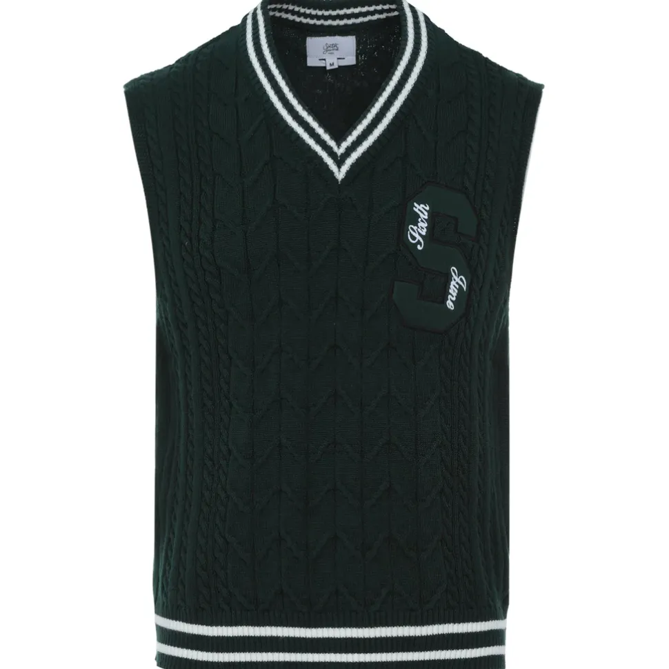 Pull Sans Manches Maille Broderie Vert Fonce