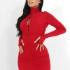 Robe Agrafes Manches Longues Rouge
