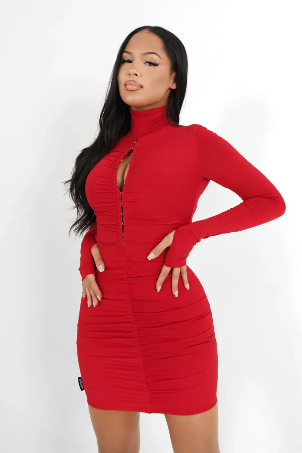 Robe Agrafes Manches Longues Rouge