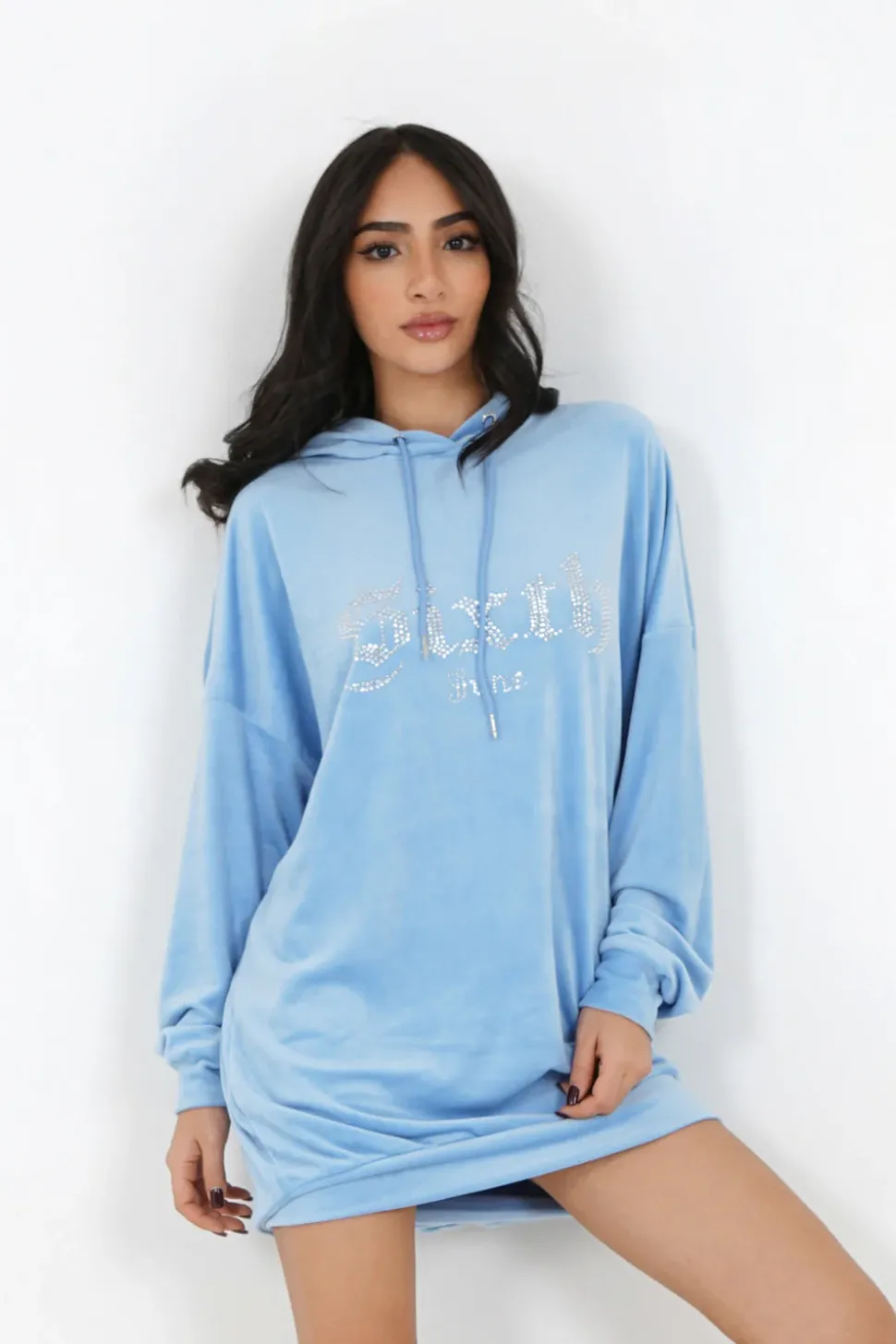 Robe Sweat Velours Strass Bleu