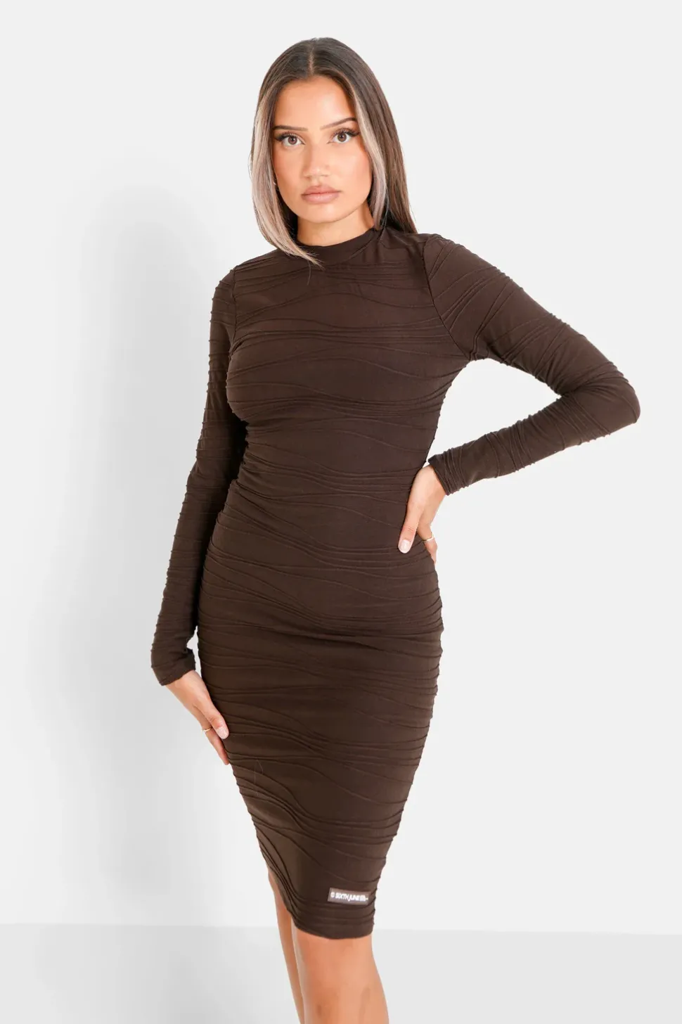 Robe Texture Manches Longues Marron Fonce