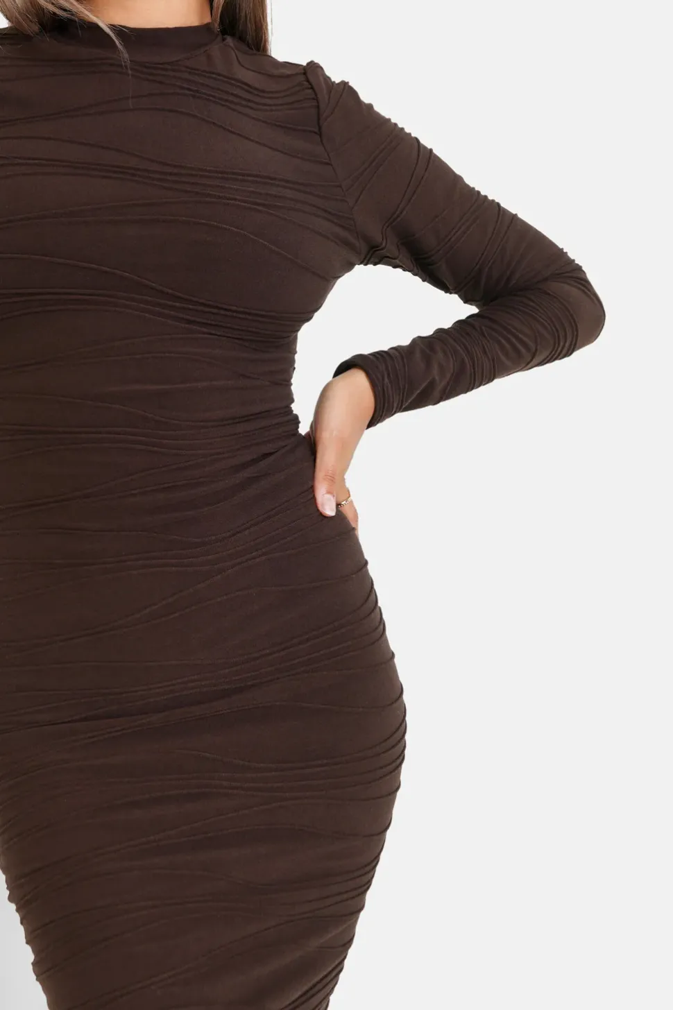 Robe Texture Manches Longues Marron Fonce