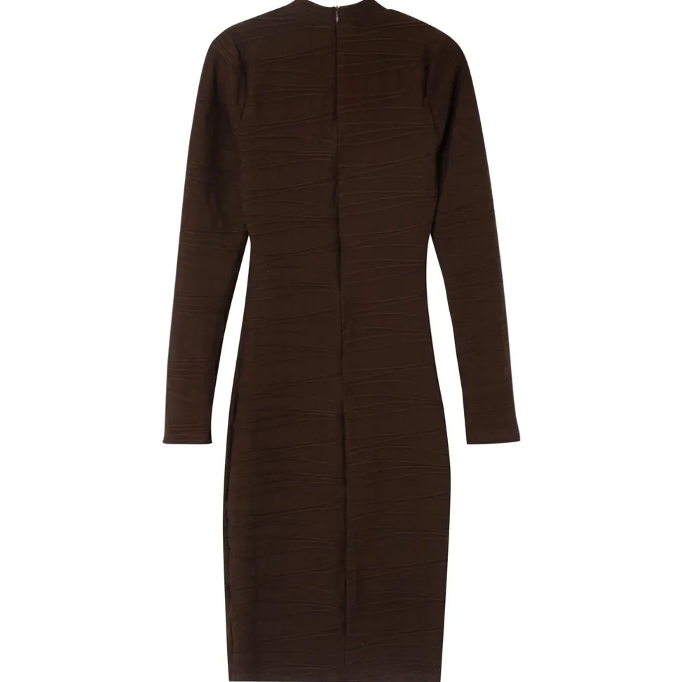 Robe Texture Manches Longues Marron Fonce