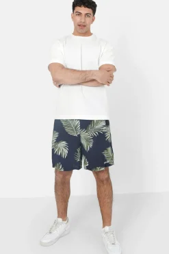Short Fluide Motif Tropical Bleu Fonce