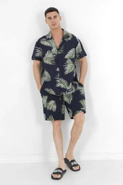 Short Fluide Motif Tropical Bleu Fonce