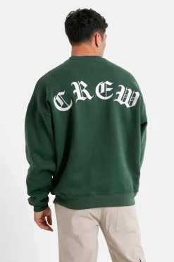 Sweat Broderies Crew Oversize Vert Fonce