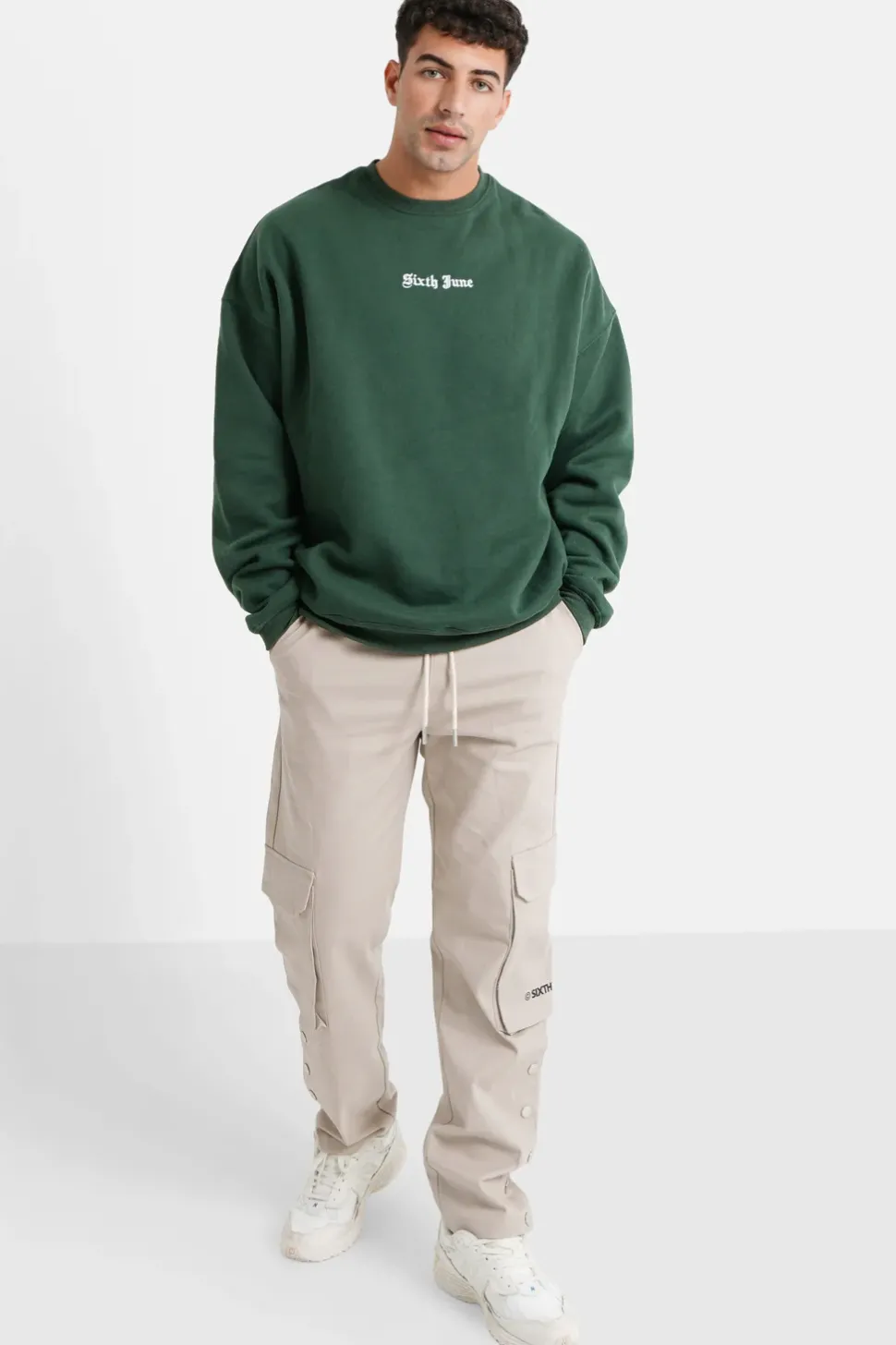 Sweat Broderies Crew Oversize Vert Fonce