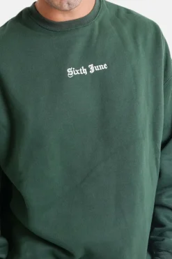 Sweat Broderies Crew Oversize Vert Fonce