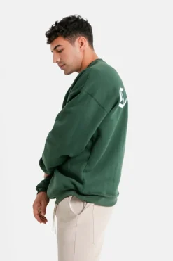 Sweat Broderies Crew Oversize Vert Fonce