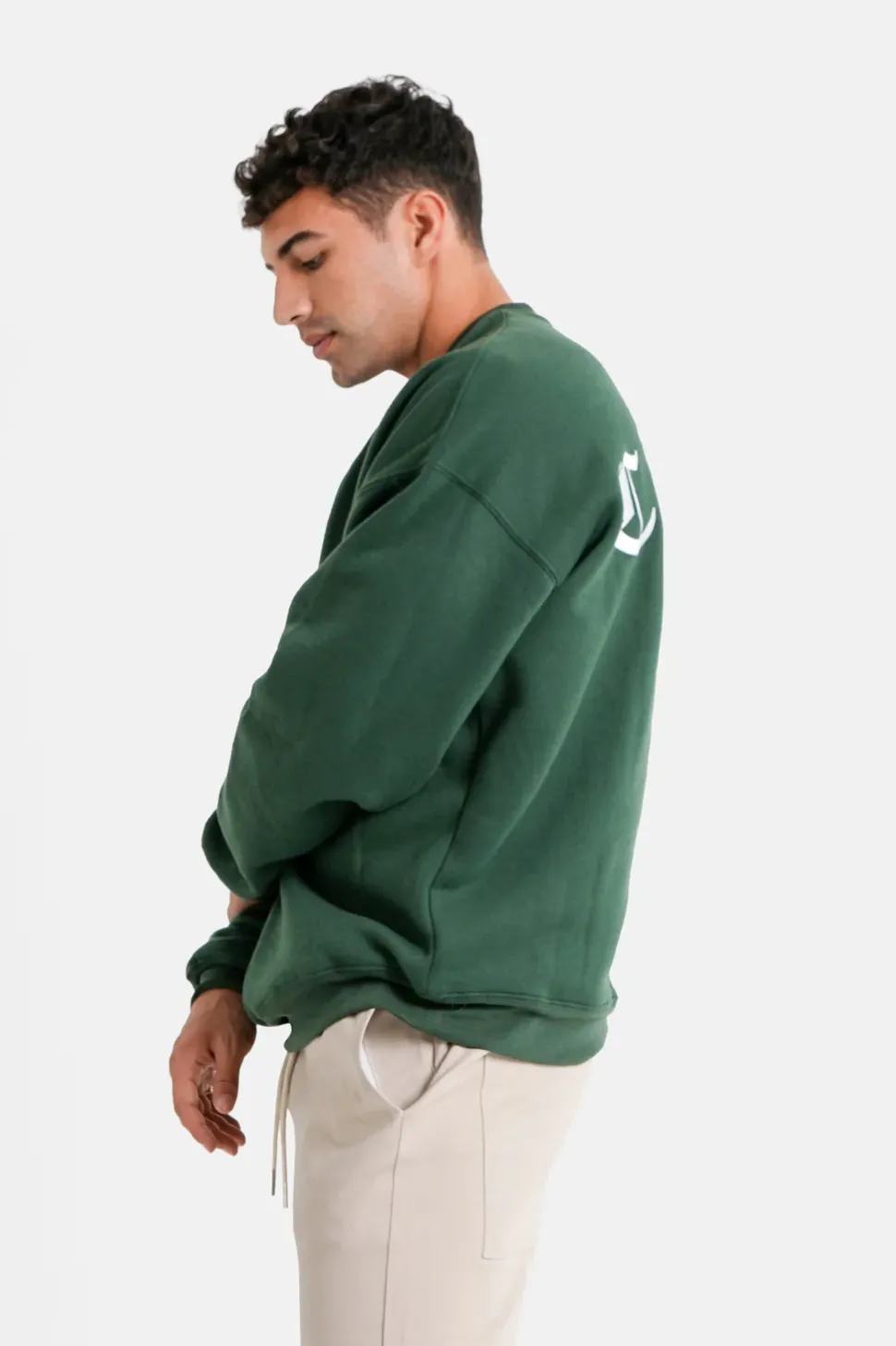 Sweat Broderies Crew Oversize Vert Fonce