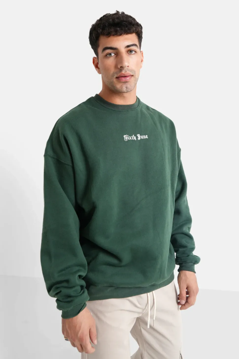 Sweat Broderies Crew Oversize Vert Fonce