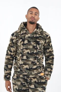 Sweat Capuche Camouflage Zip Vert Kaki
