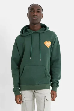 Sweat Capuche Coeur Brode Molletonne Vert Fonce