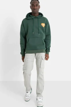 Sweat Capuche Coeur Brode Molletonne Vert Fonce