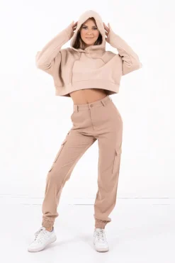 Sweat Capuche Court Logo Beige Clair