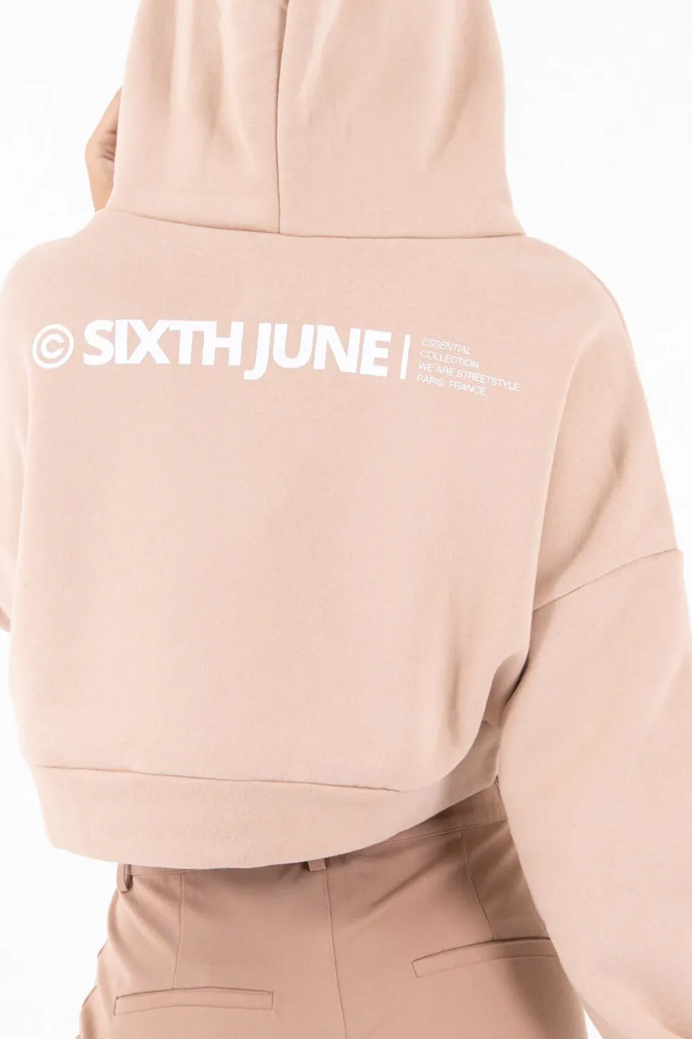 Sweat Capuche Court Logo Beige Clair