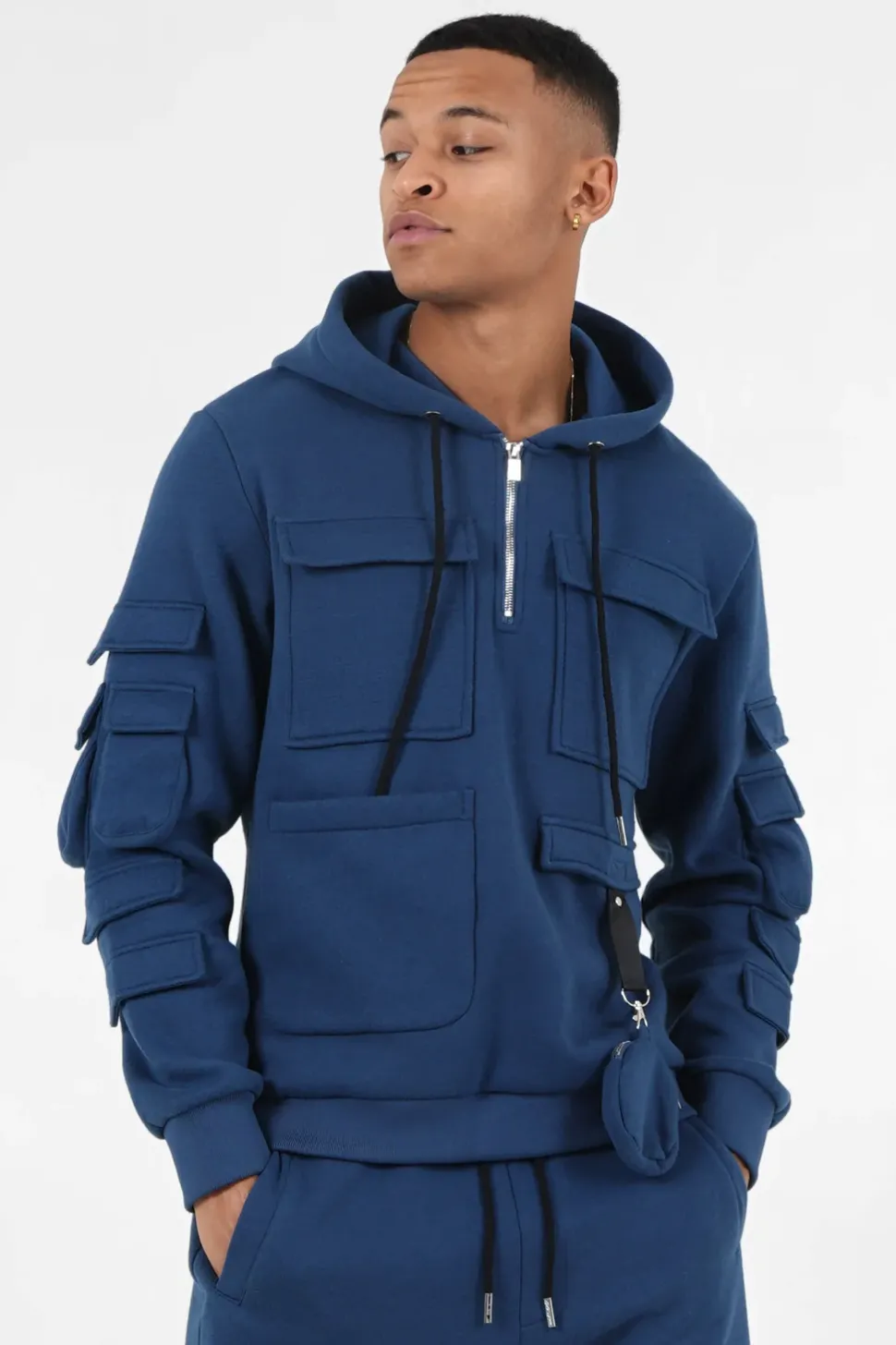 Sweat Capuche Petit Sac Bleu Fonce