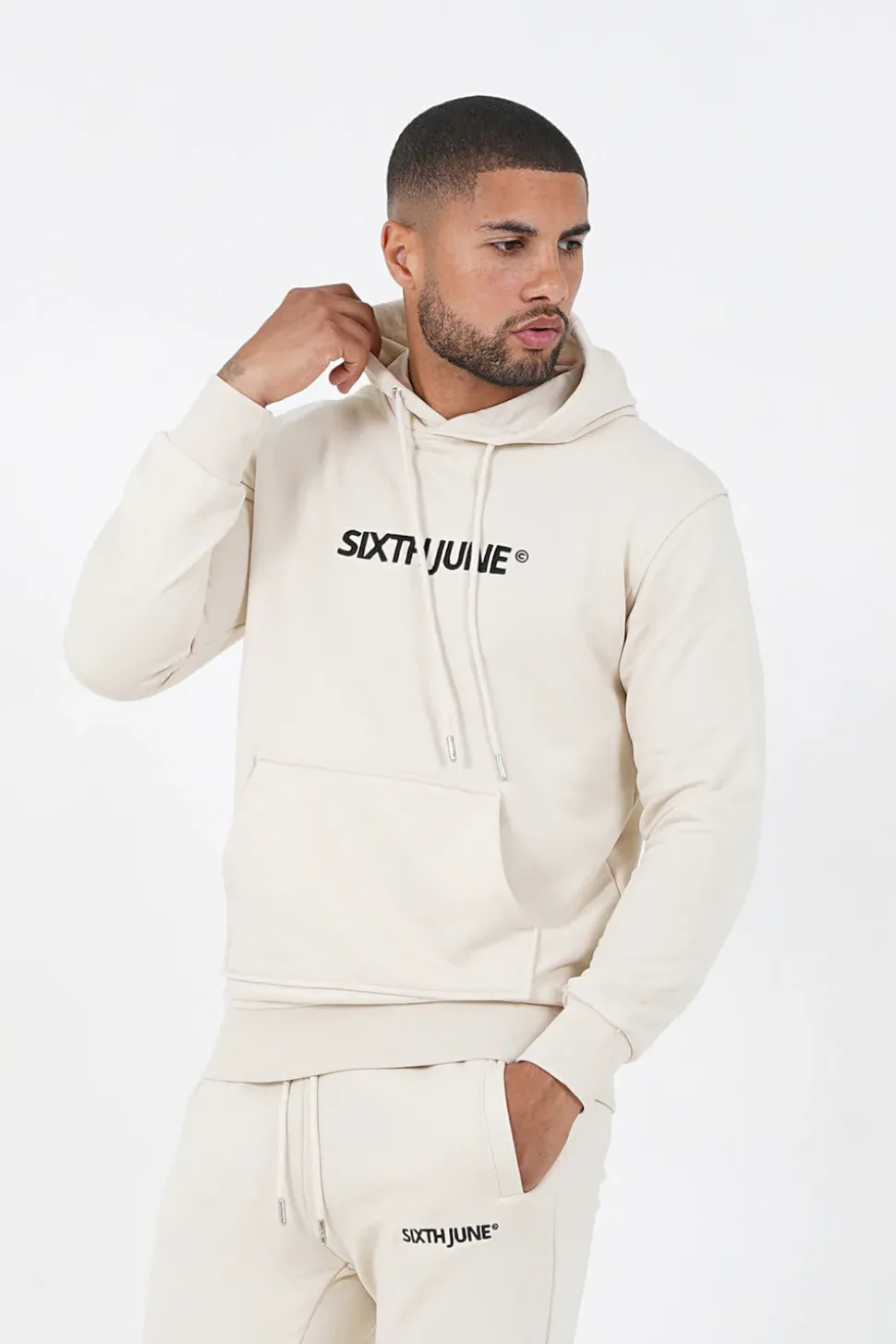 Sweatshirt Capuche Logo Brode Beige Clair