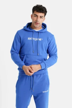 Sweatshirt Capuche Logo Brode Bleu Fonce