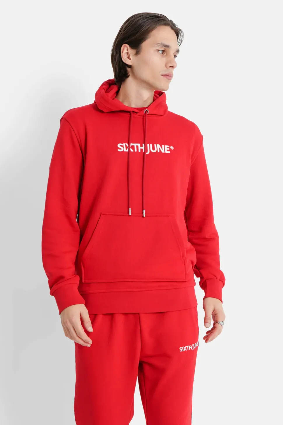Sweatshirt Capuche Logo Brode Rouge