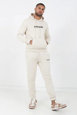 Sweatshirt Capuche Logo Brode Beige Clair