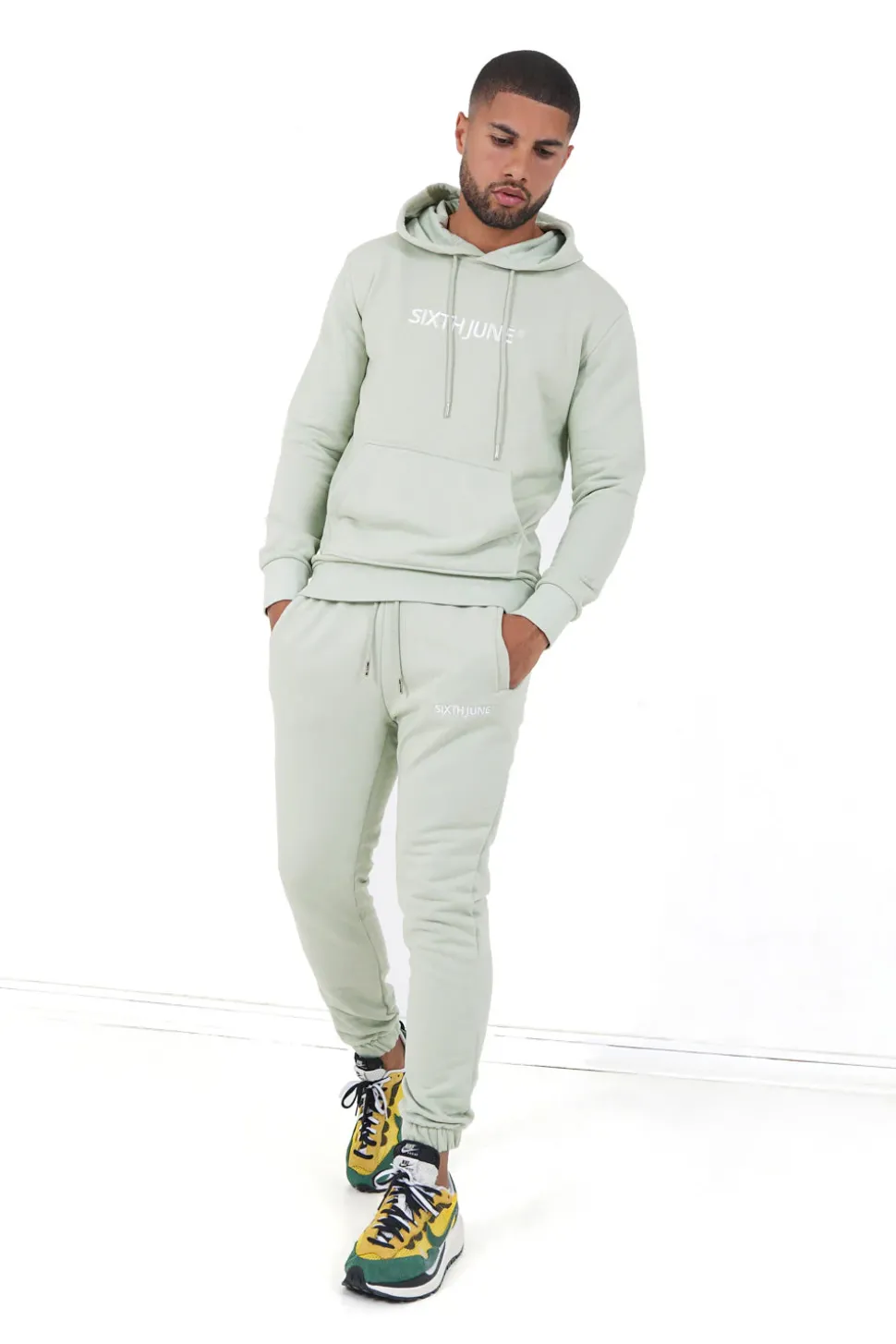 Sweatshirt Capuche Logo Brode Vert Clair