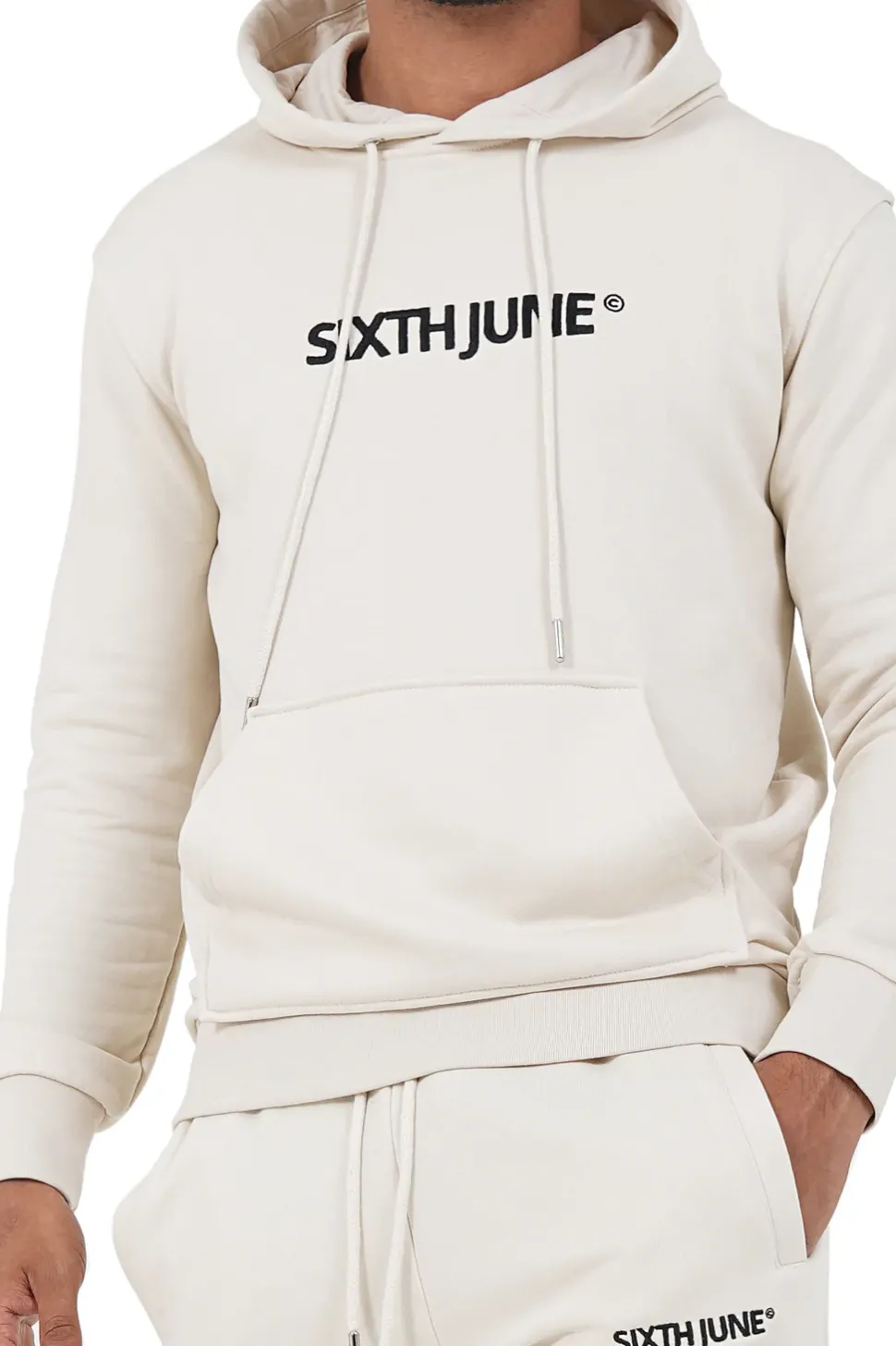 Sweatshirt Capuche Logo Brode Beige Clair