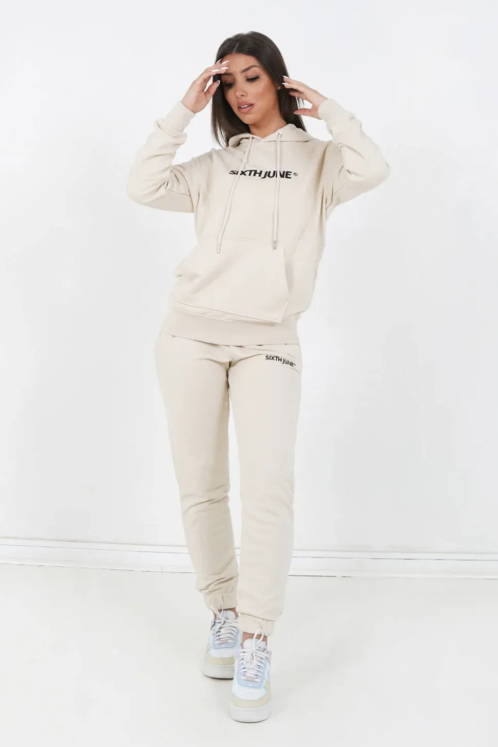Sweatshirt Capuche Logo Brode Beige Clair