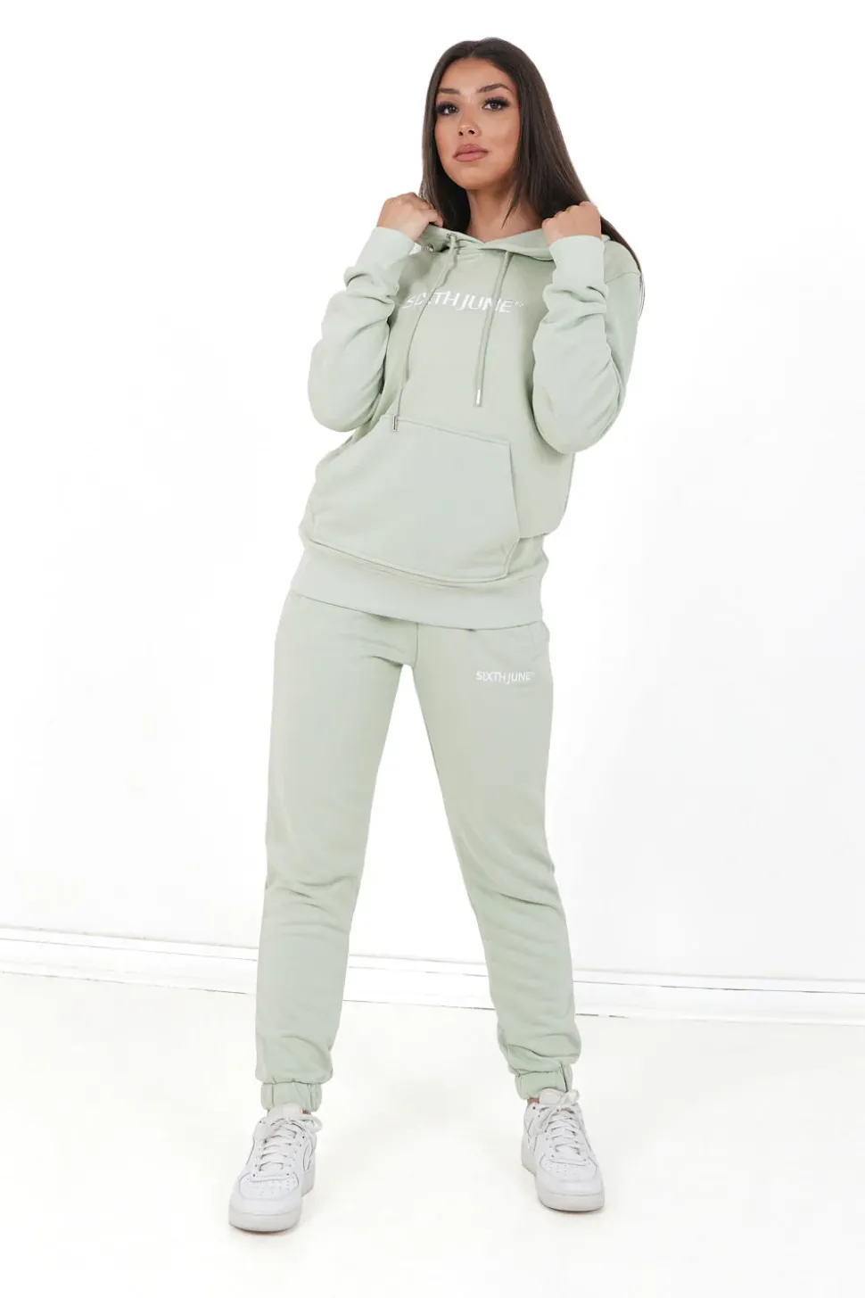 Sweatshirt Capuche Logo Brode Vert Clair