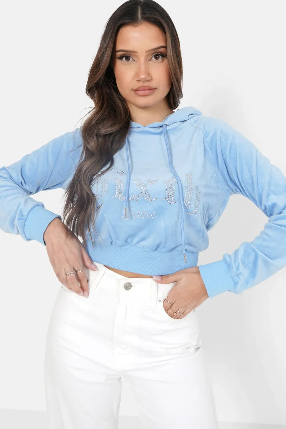 Sweatshirt Capuche Velours Strass Bleu