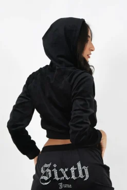 Sweatshirt Capuche Velours Strass Noir