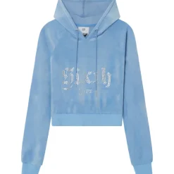 Sweatshirt Capuche Velours Strass Bleu