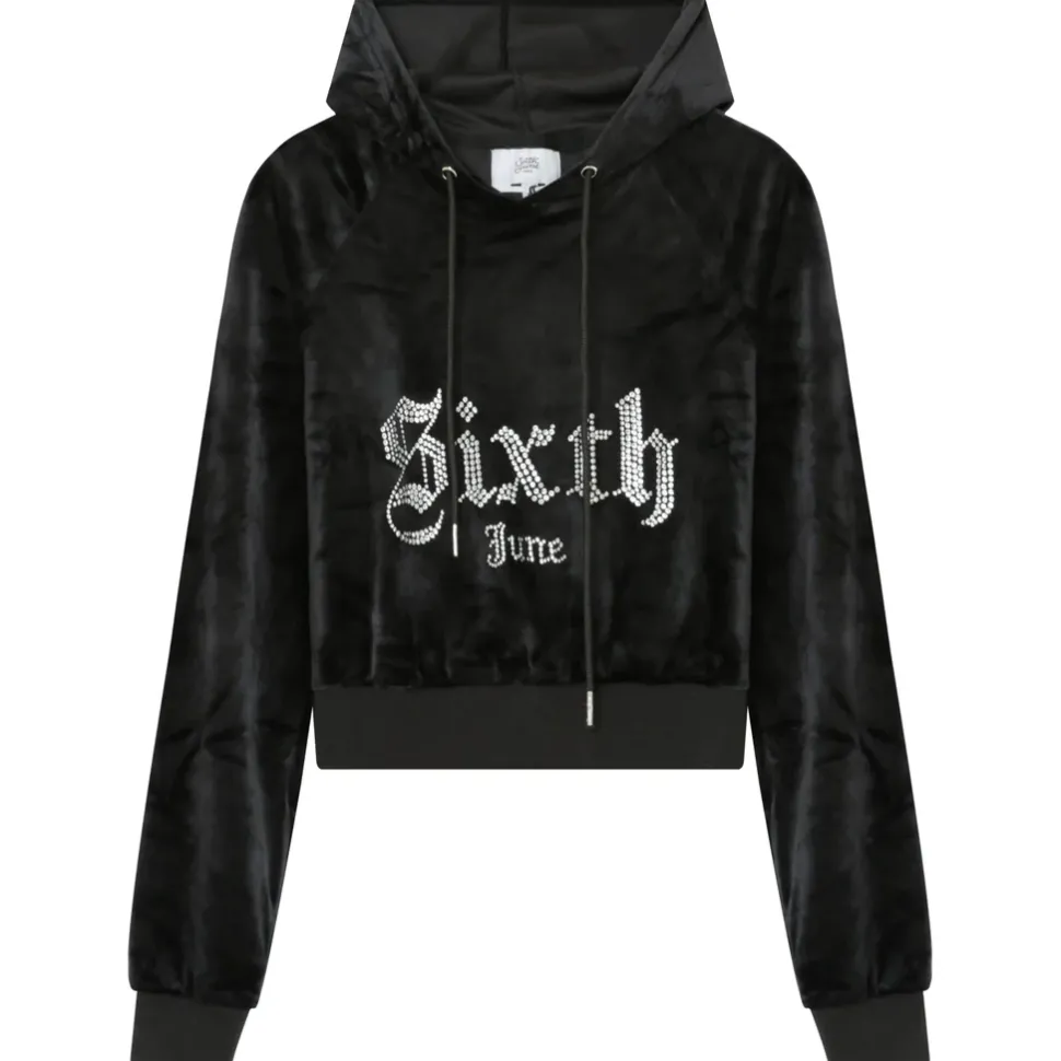 Sweatshirt Capuche Velours Strass Noir