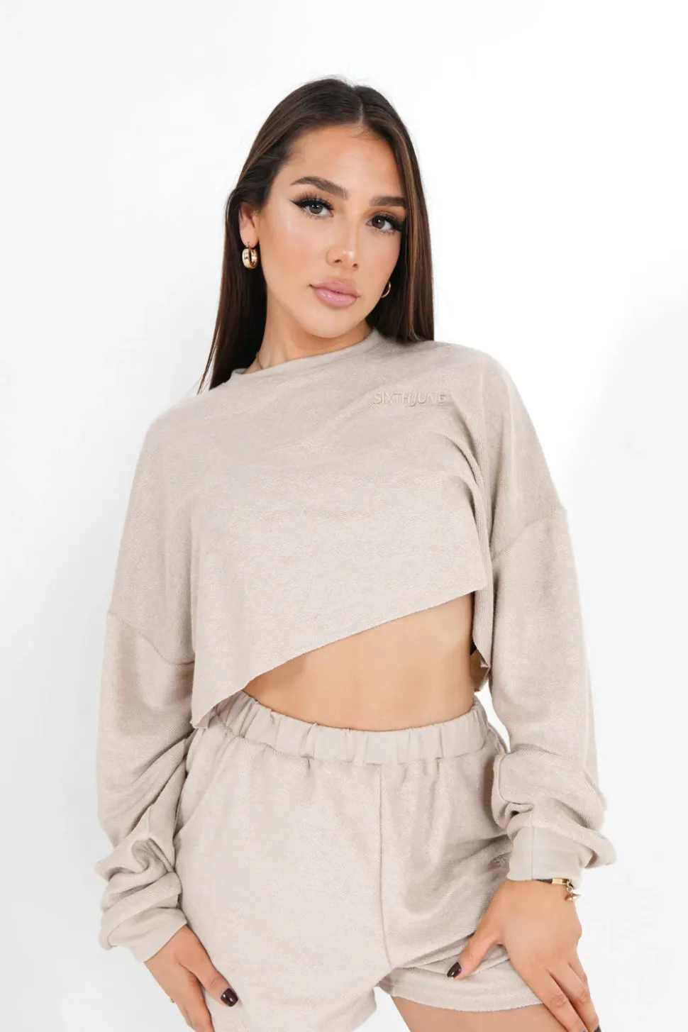 Sweatshirt Court Tissu Bouclette Beige Clair