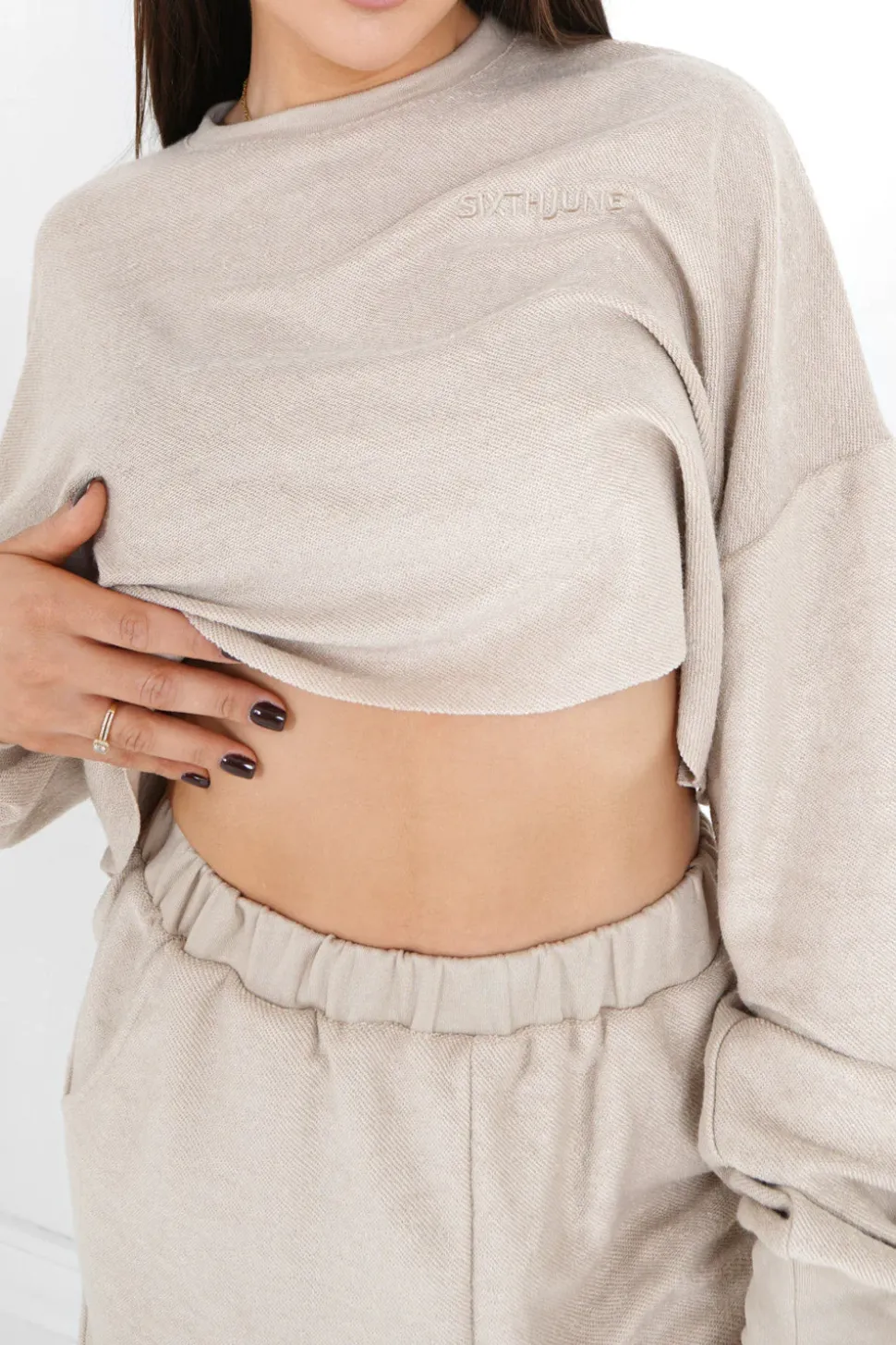 Sweatshirt Court Tissu Bouclette Beige Clair