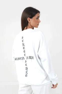 Sweatshirt Imprime Oversize Blanc