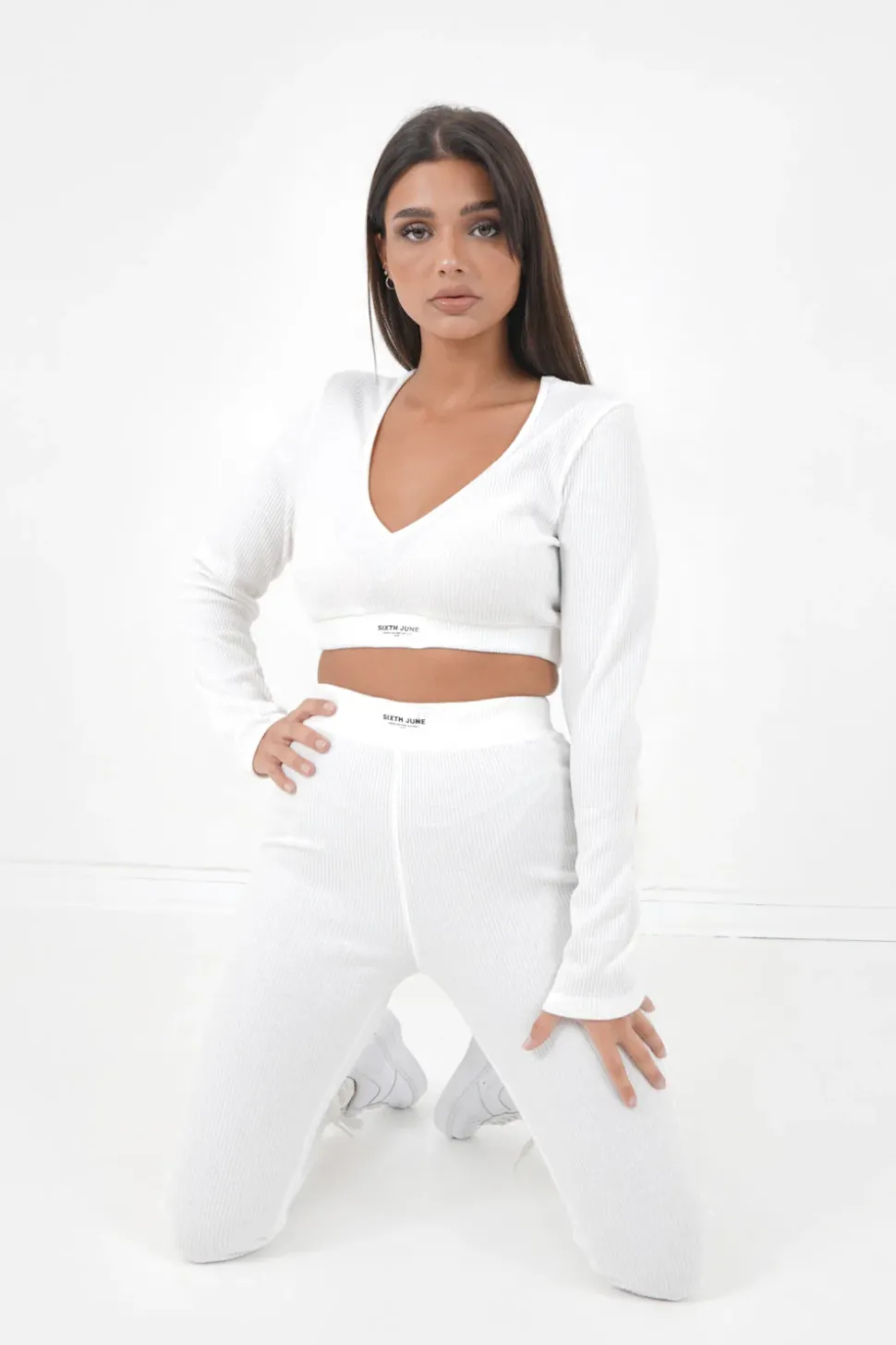 Top Cotele Manches Longues Blanc Casse