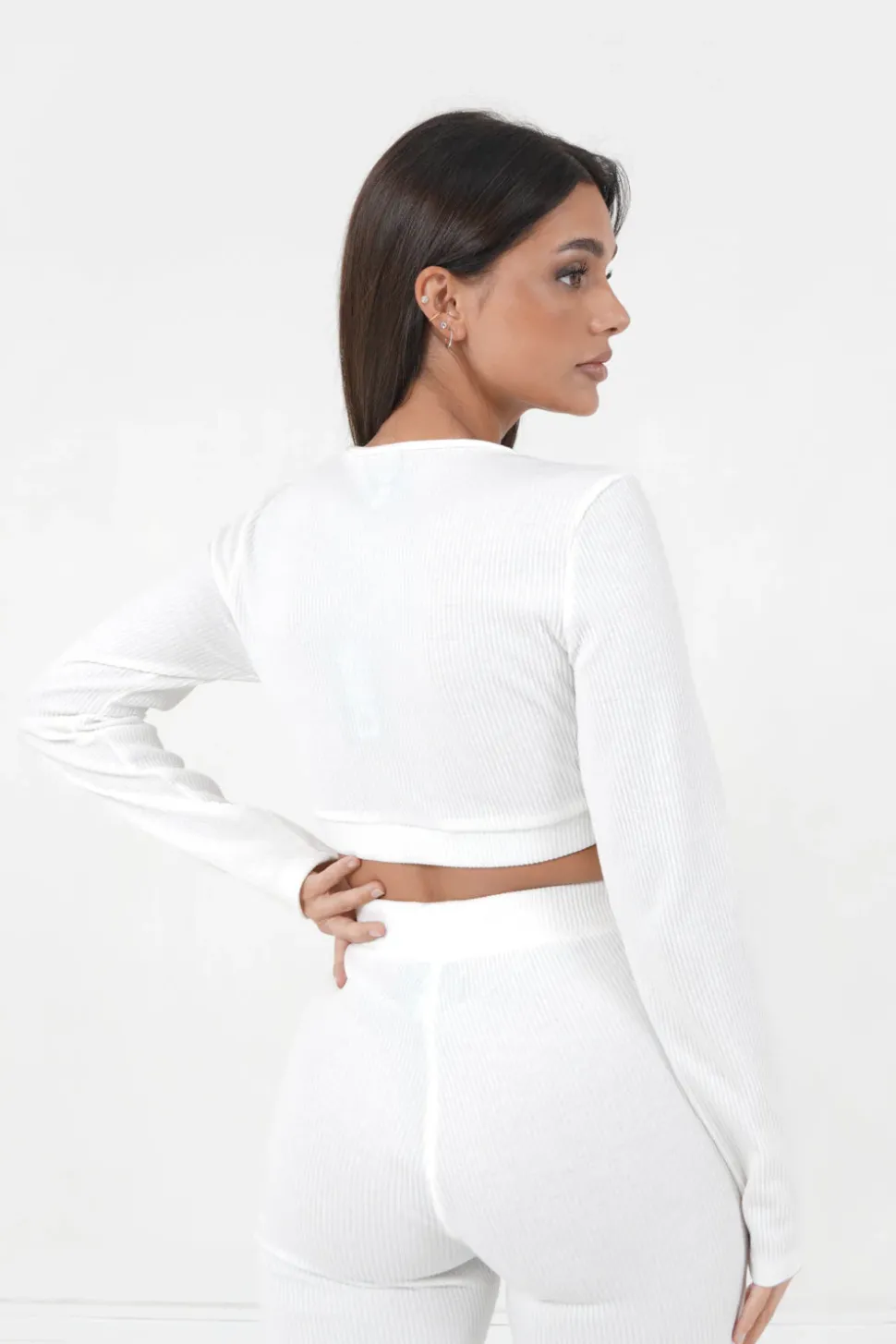 Top Cotele Manches Longues Blanc Casse