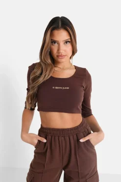 Top Court Logo Printe Manches 3/4 Marron