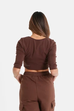 Top Court Logo Printe Manches 3/4 Marron