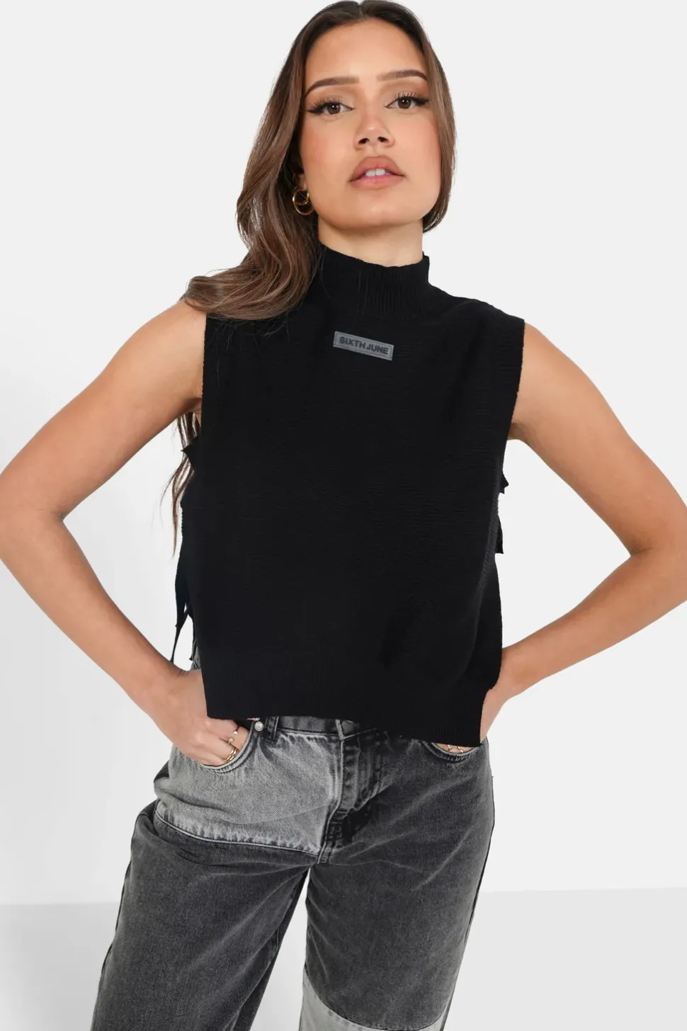 Top Sans Manches Maille Ouverture Noir