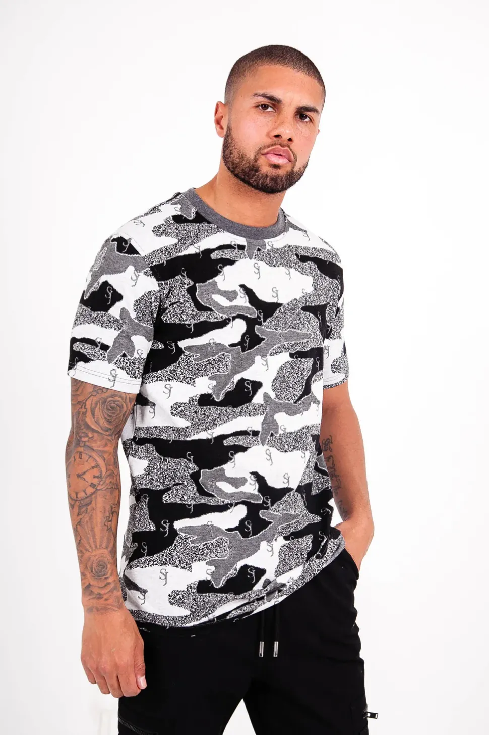 T-Shirt Jacquard Camouflage Logo Noir