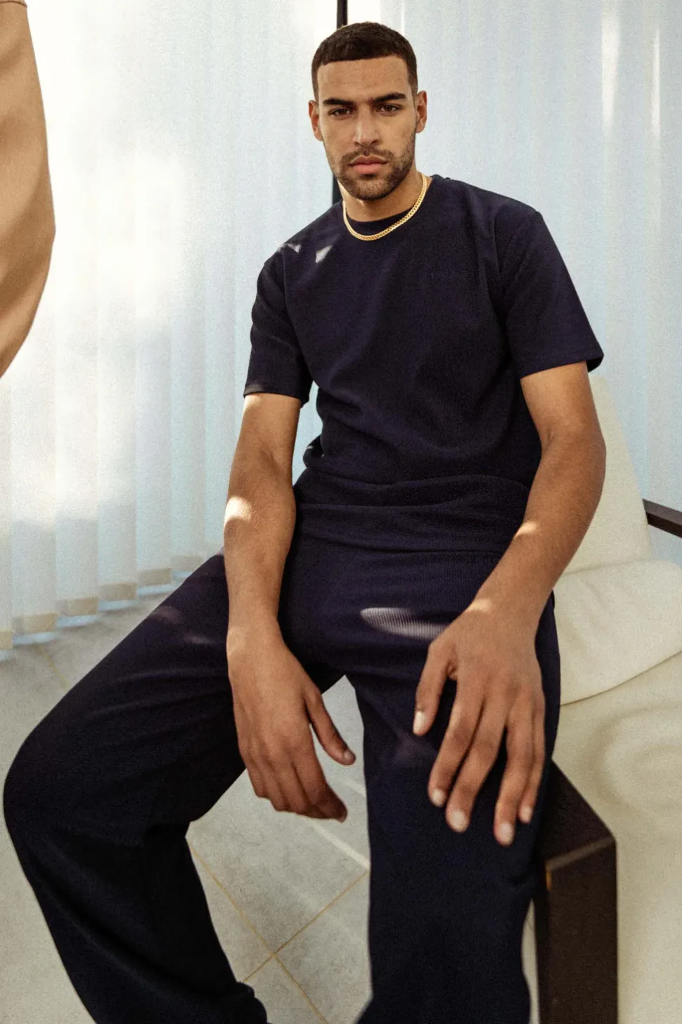 T-Shirt Plisse Manches Courtes Bleu Fonce